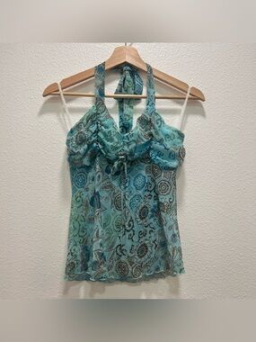 Judy Knapp Vintage Paisley Teal Halter Top Sheer Small Y2K Fairy Grunge Whimsy